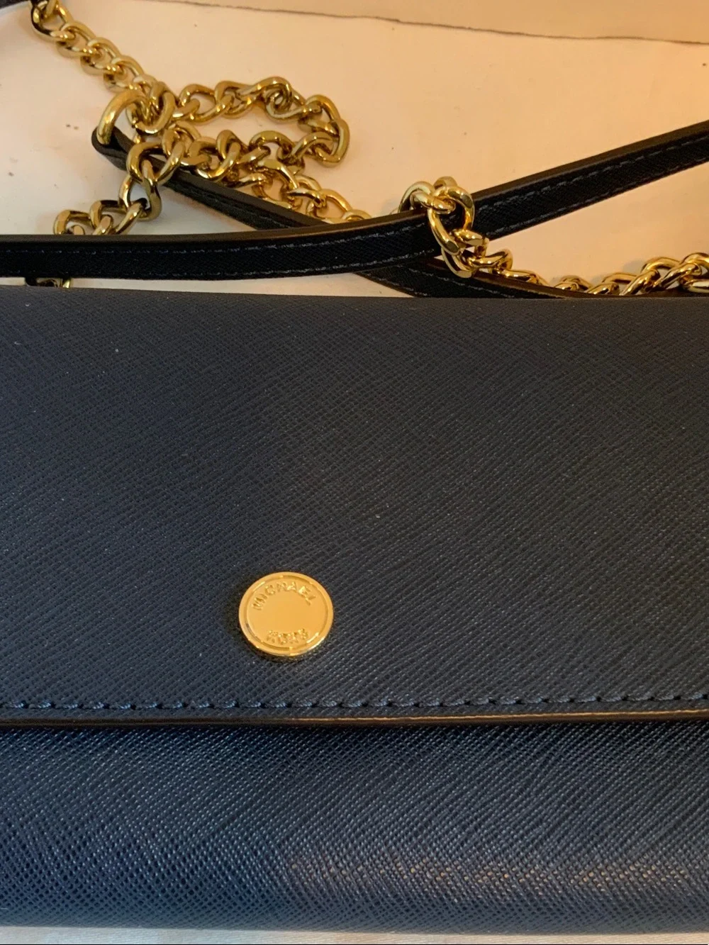 Michael Kors Navy Crossbody Wallet with Gold Chain Strap